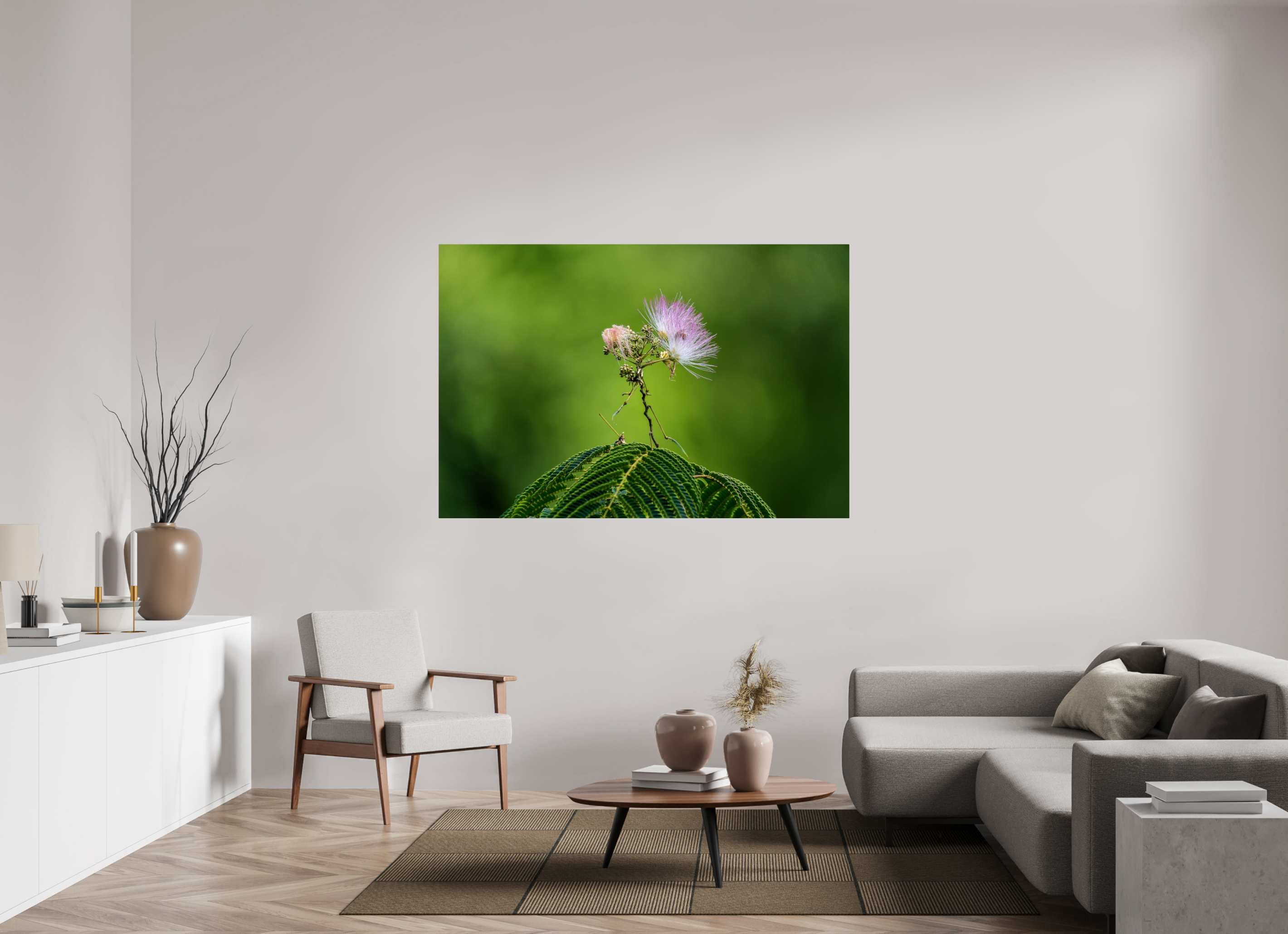 66 x 44″, ChromeLuxe HD Metal Print Mimosa Blossom Against Green Bokeh