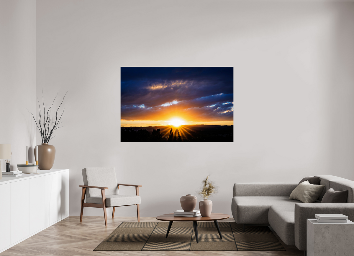 66 x 44″, ChromeLuxe HD Metal Print Rounded Conrners Sunburst Behind the Silhouetted Pines