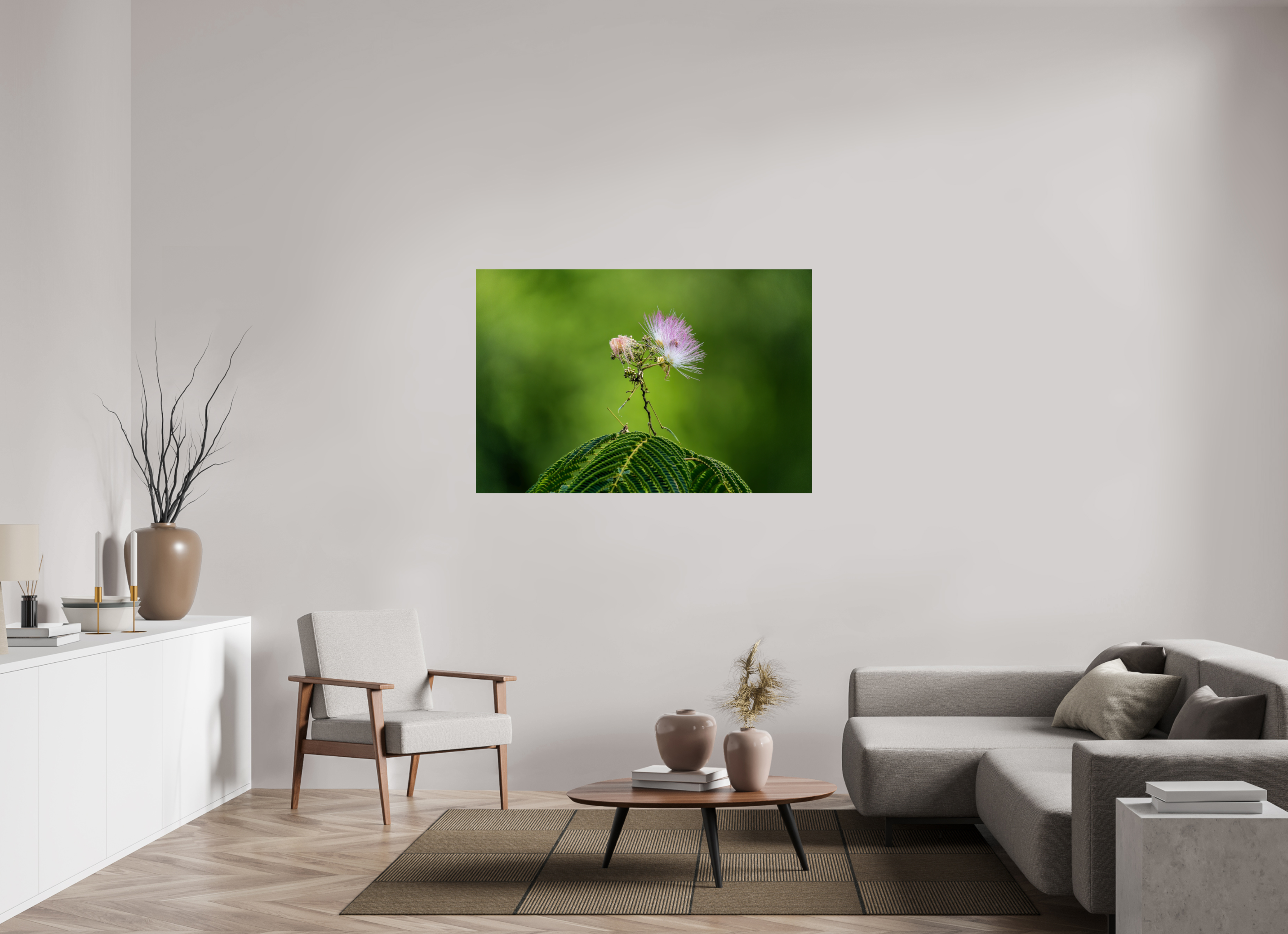 54 x 36″, Acrylic Glass Rounded Mimosa Blossom Against Green Bokeh