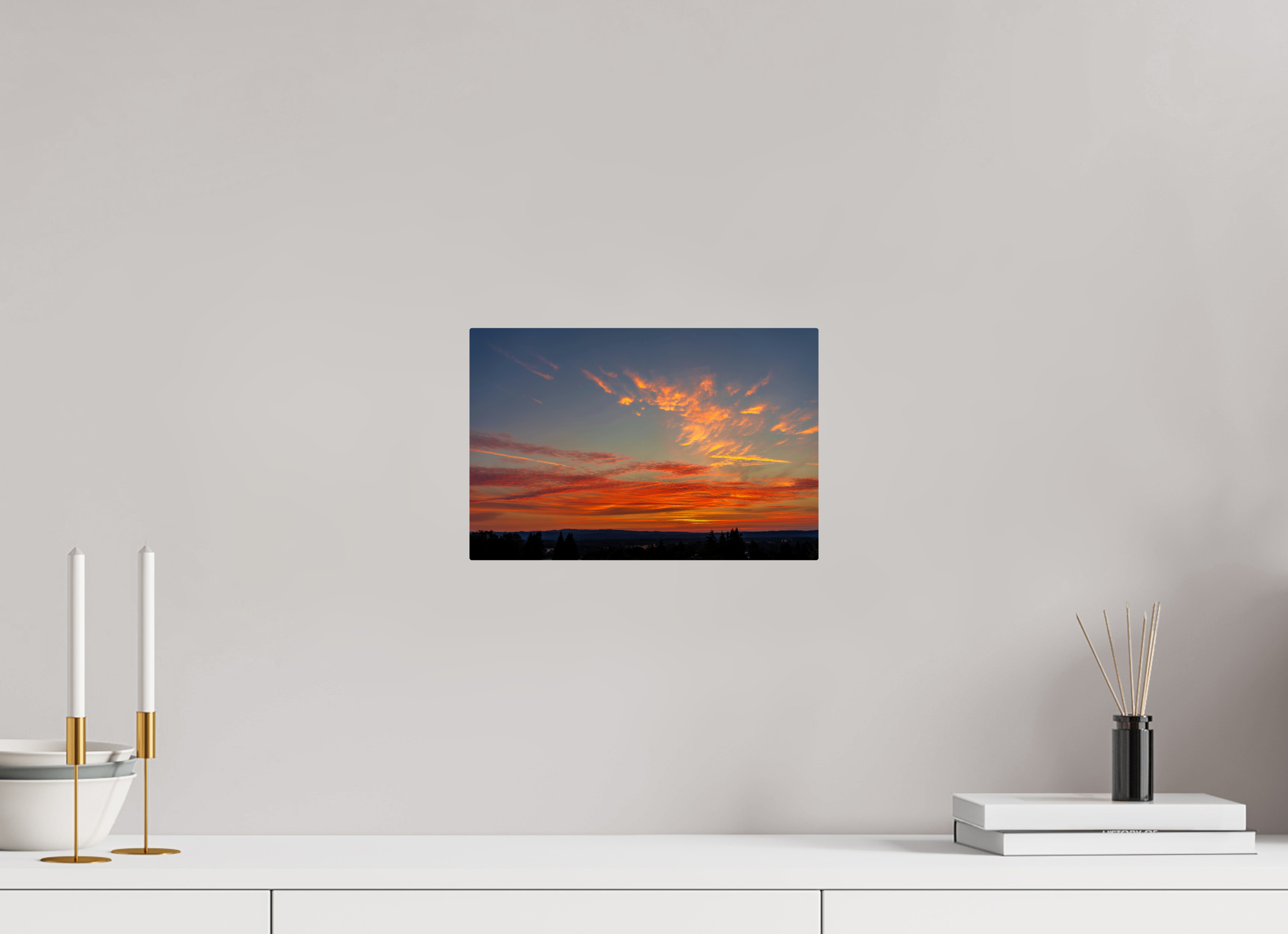 12 x 8″, ChromeLuxe HD Metal Print Rounded Conrners Fire in the Sky Over Silhouetted Hills