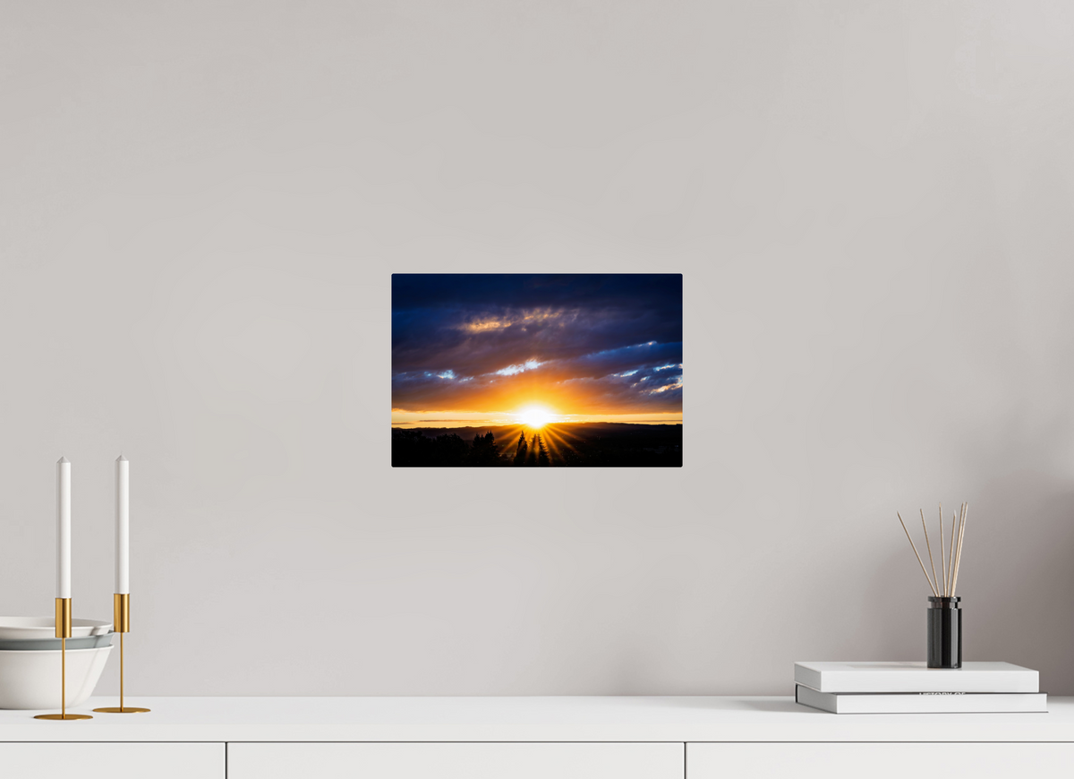 12 x 8″, ChromeLuxe HD Metal Print Rounded Conrners Sunburst Behind the Silhouetted Pines