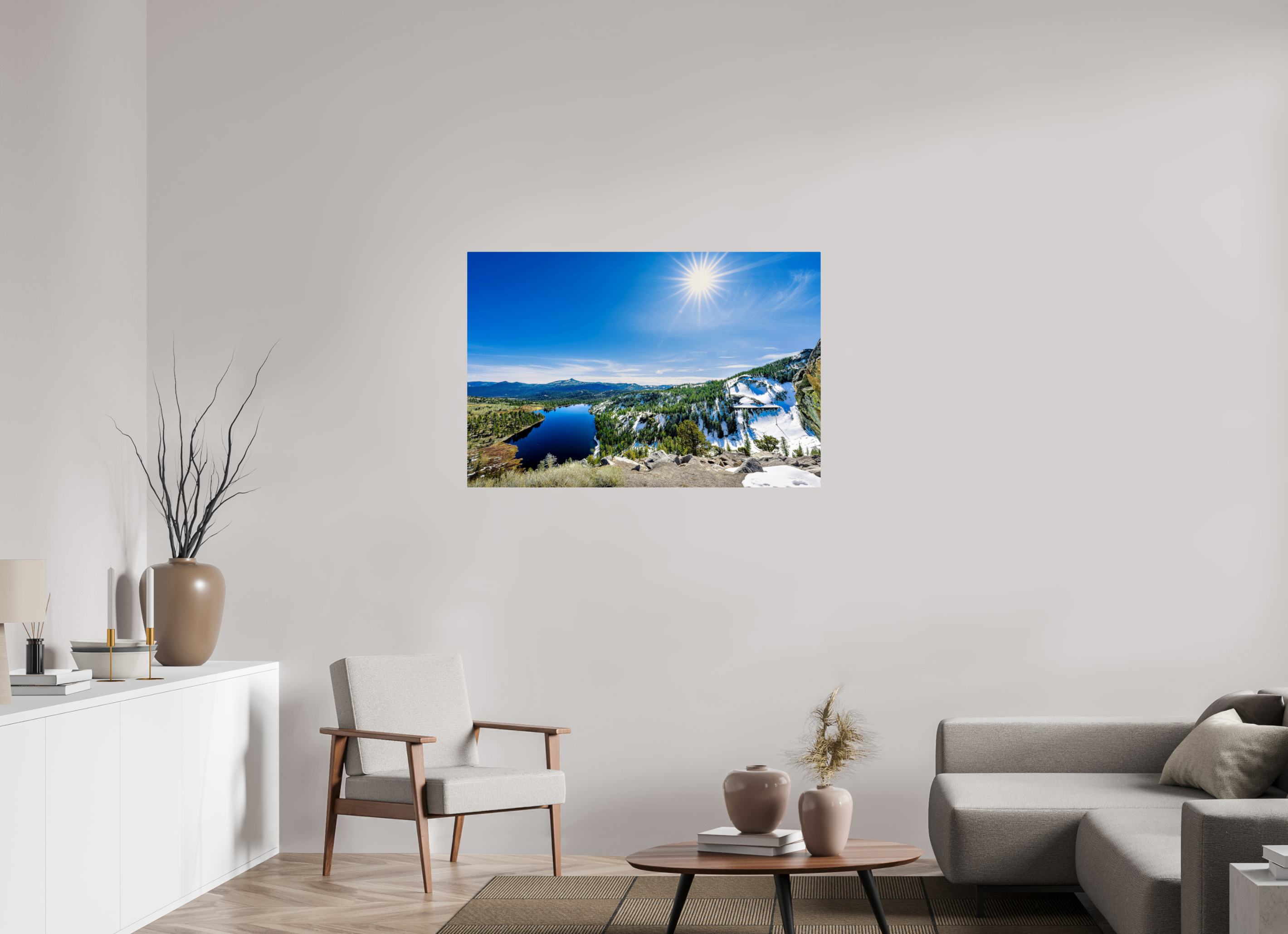 45 x 30″, ChromeLuxe HD Metal Print Acrylic Print - Alpine Lake Overlook With Sunburst