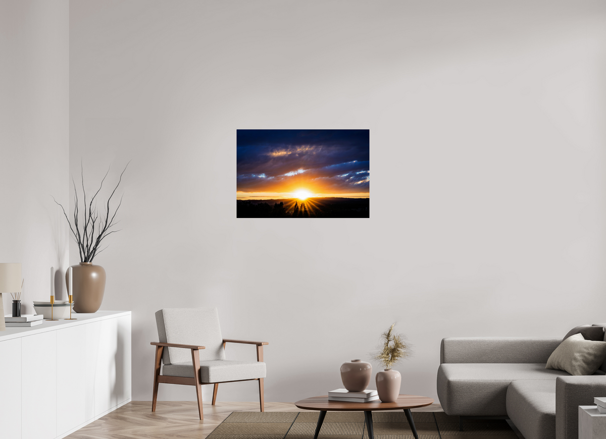 36 x 24″, Acrylic Glass Rounded Corners Sunburst Behind the Silhouetted Pines