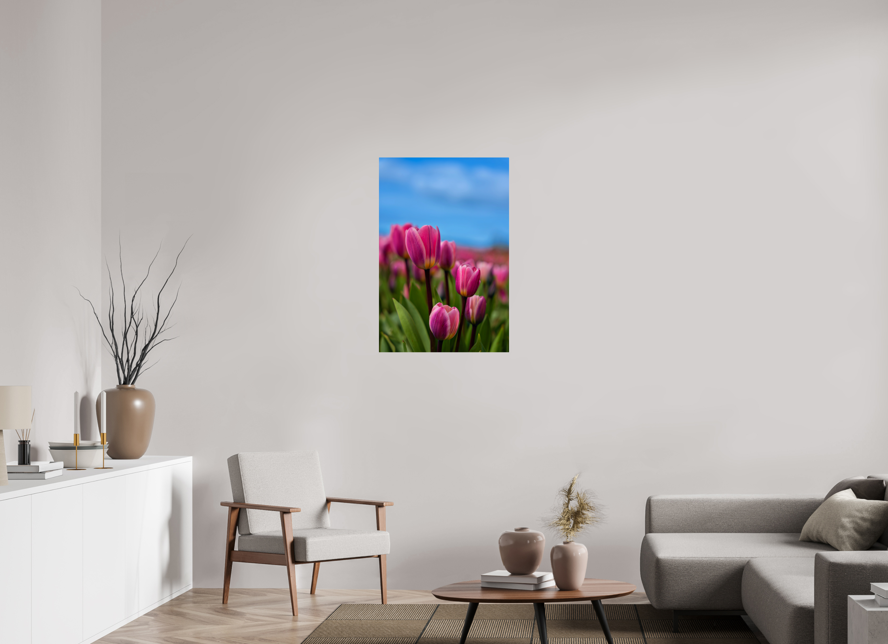 24 x 36″, ChromeLuxe HD Metal Print Rounded Conrners Pink Tulips Against an Evening Sky
