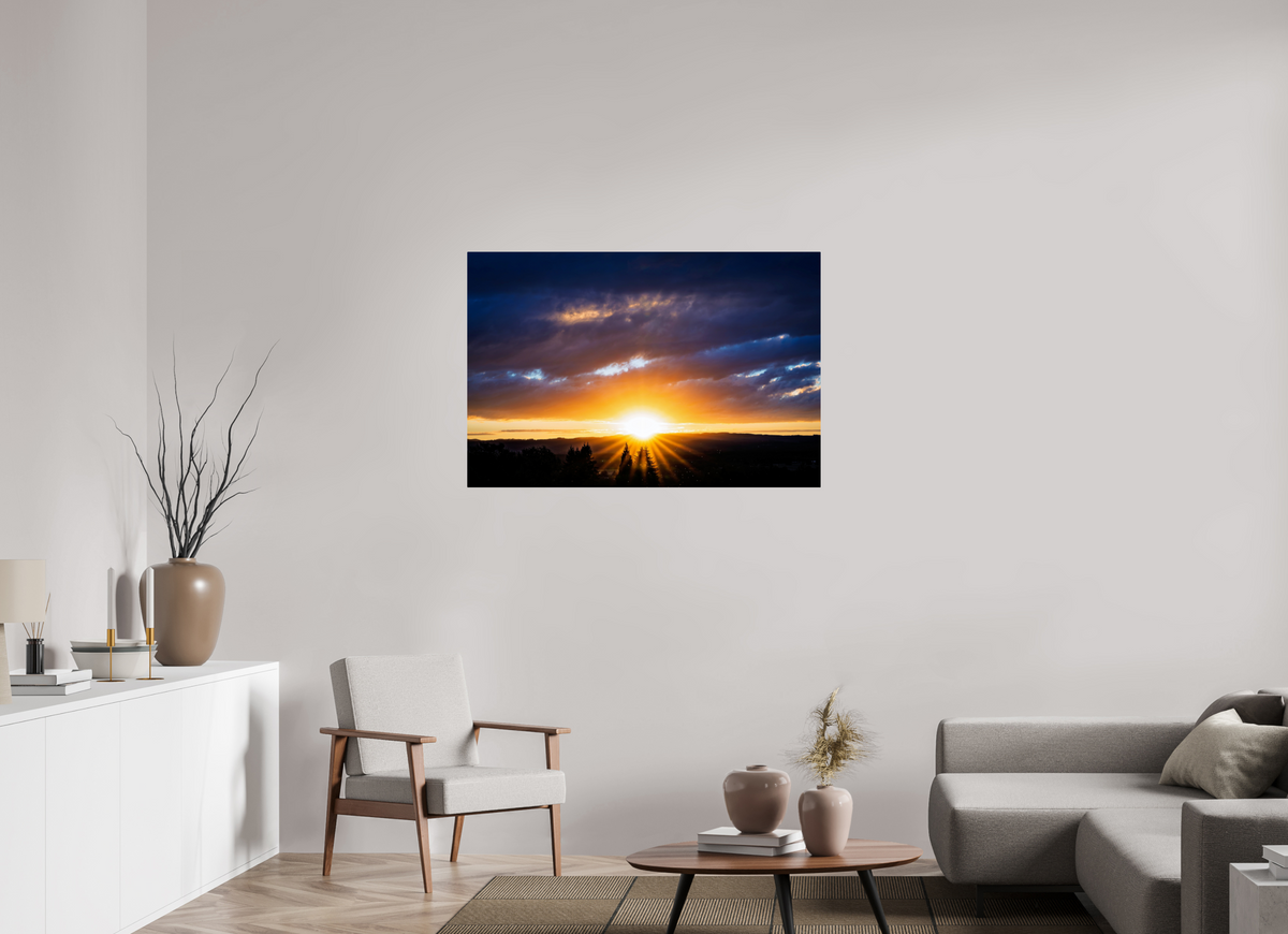 45 x 30″, ChromeLuxe HD Metal Print Rounded Conrners Sunburst Behind the Silhouetted Pines