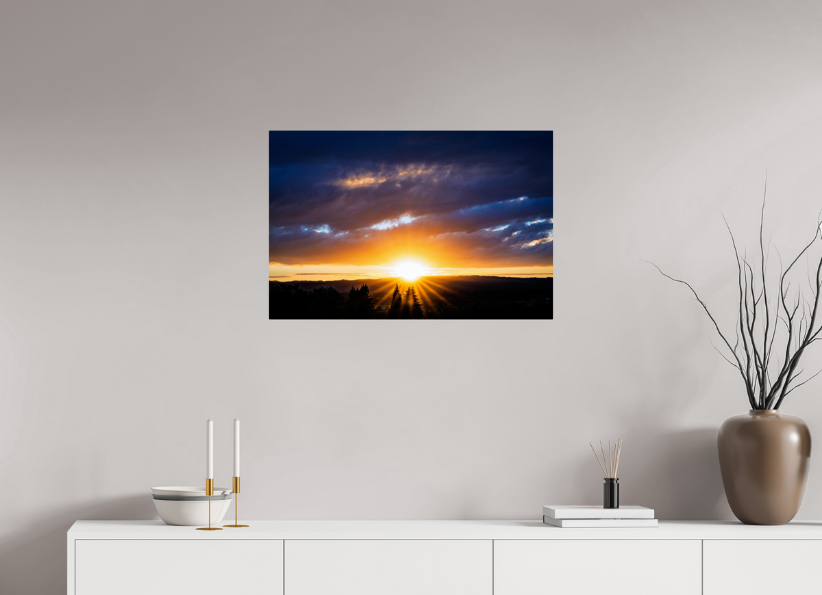 30 x 20″, ChromeLuxe HD Metal Print Rounded Conrners Sunburst Behind the Silhouetted Pines
