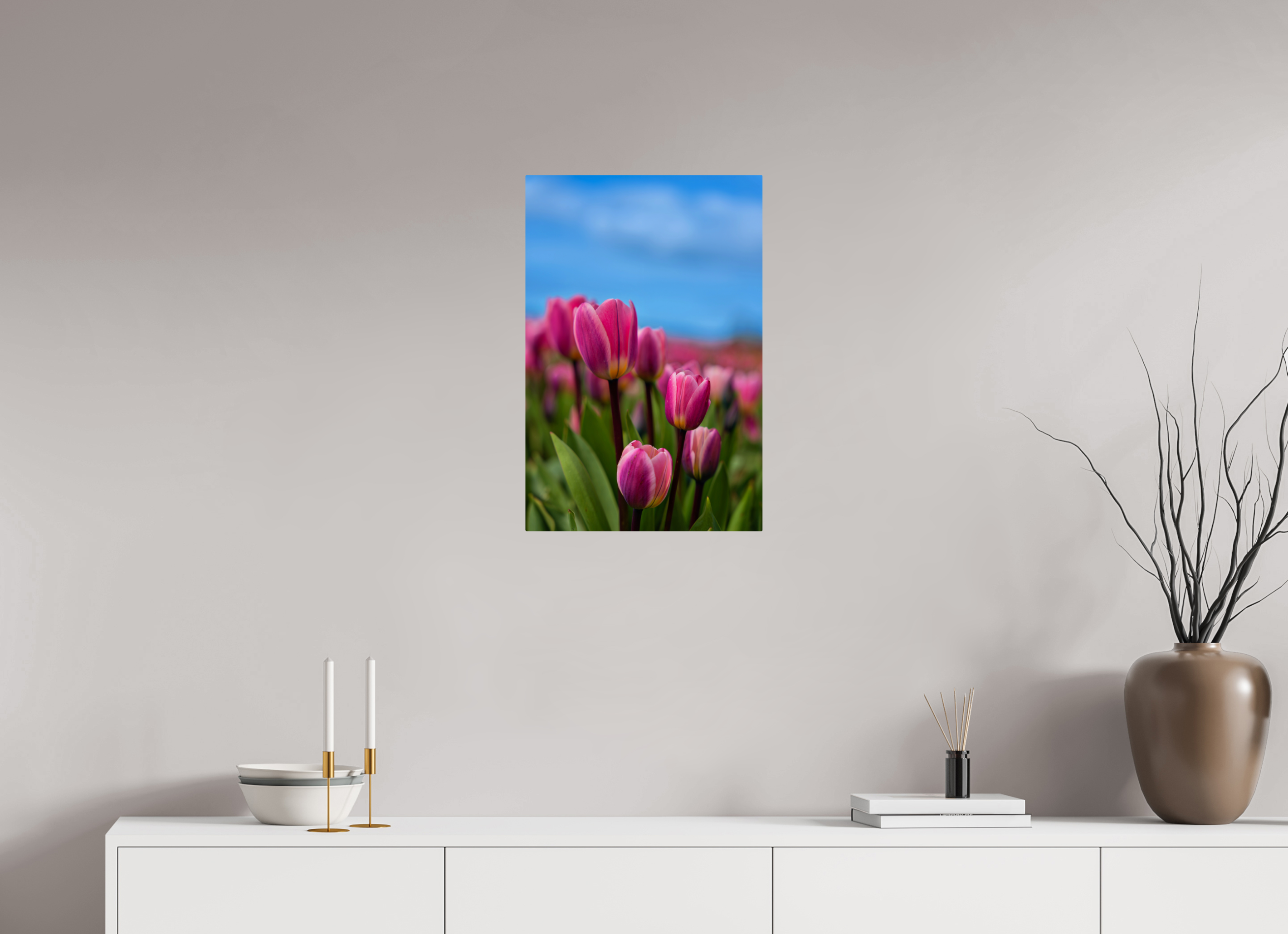 16 x 24″, ChromeLuxe HD Metal Print Rounded Conrners Pink Tulips Against an Evening Sky