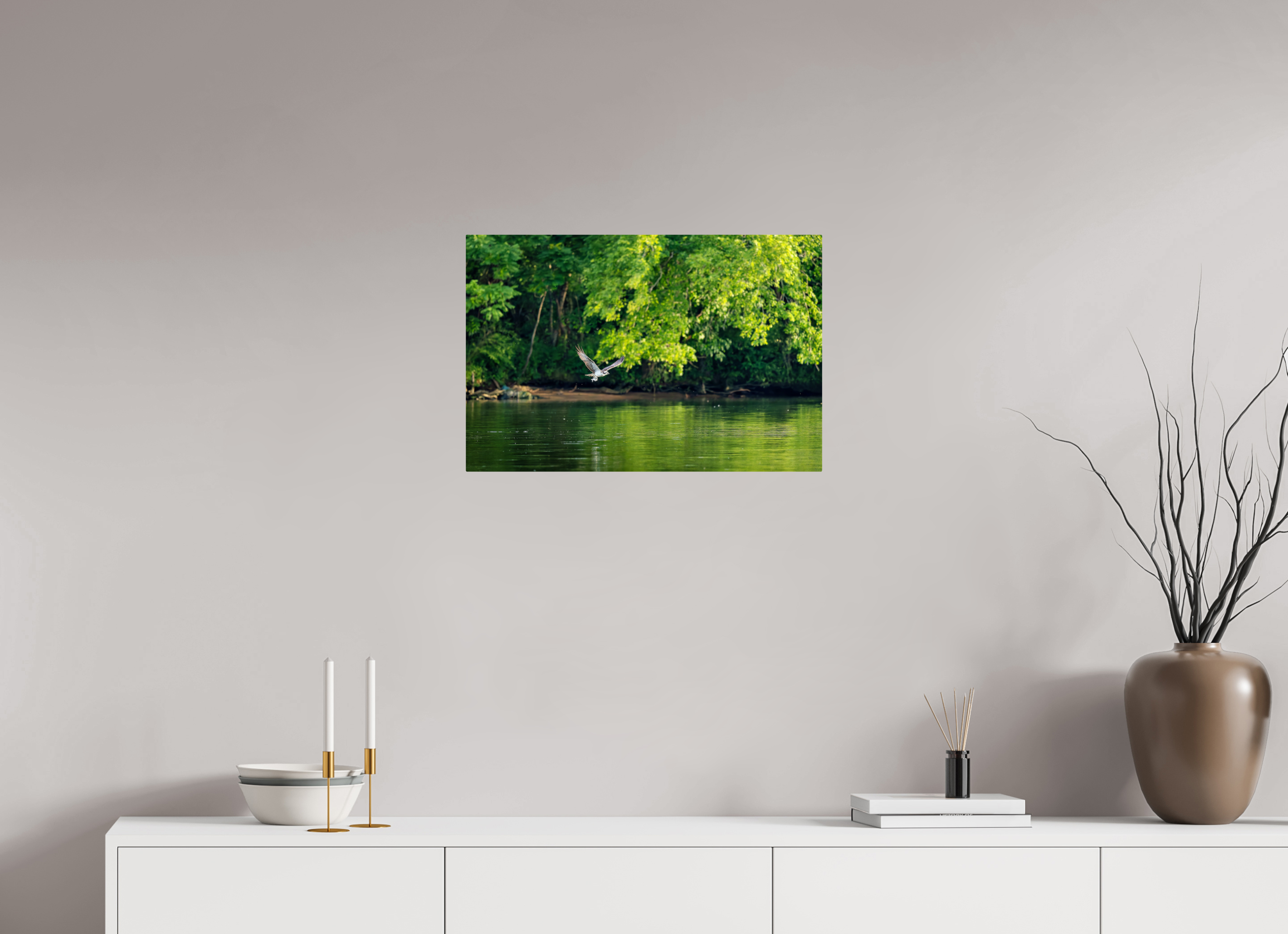 24 x 16″, ChromeLuxe HD Metal Print Rounded Conrners Osprey Flying Low Over the River With a Fish