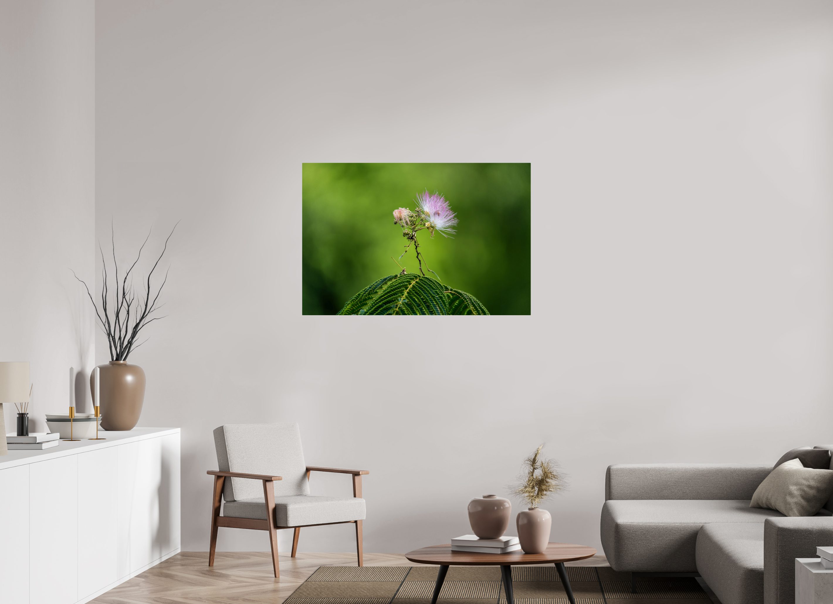 45 x 30″, ChromeLuxe HD Metal Print Mimosa Blossom Against Green Bokeh