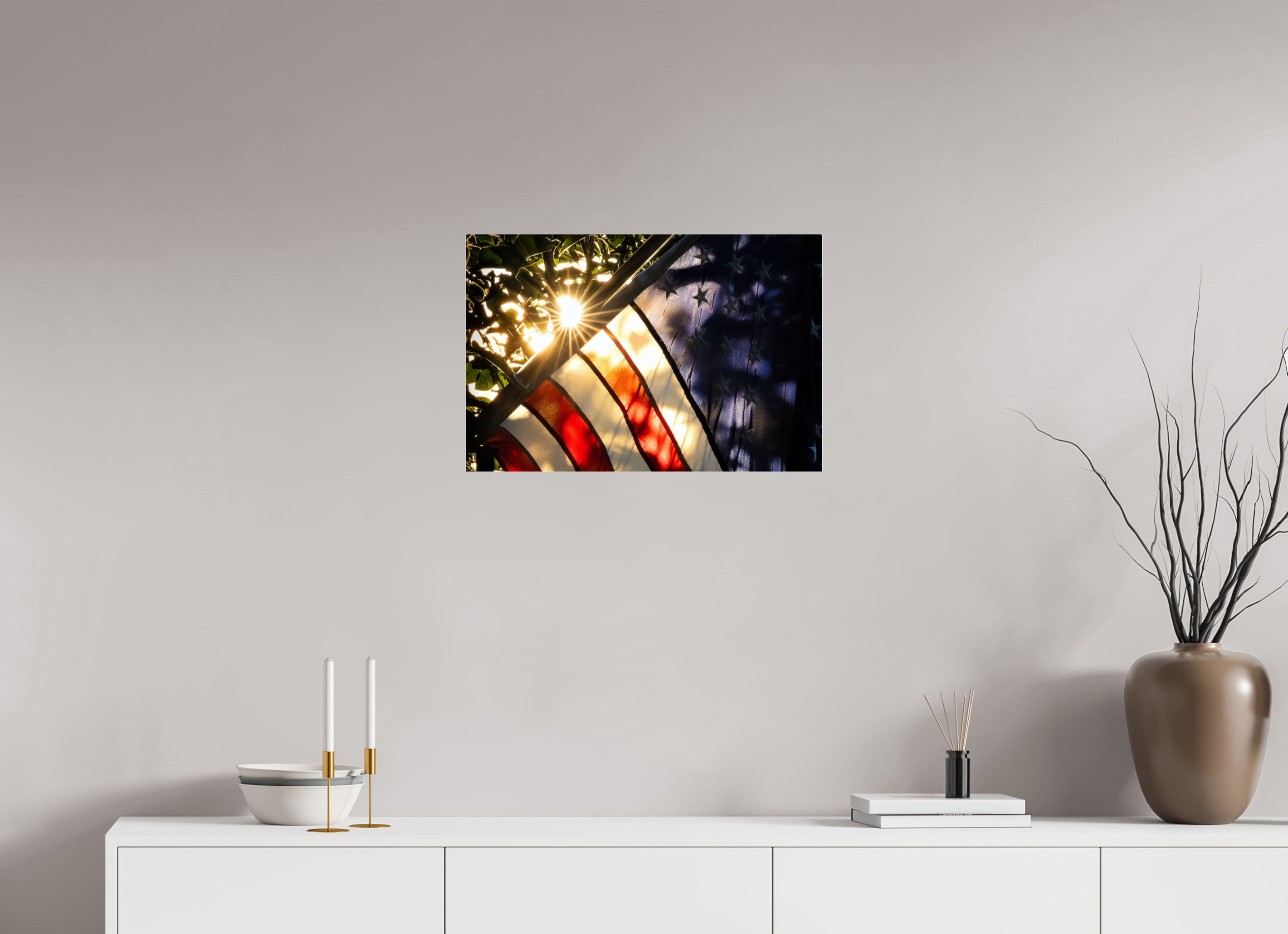 24 x 16″, Acrylic Glass Rounded Corners unlight Through a Weathered Flag