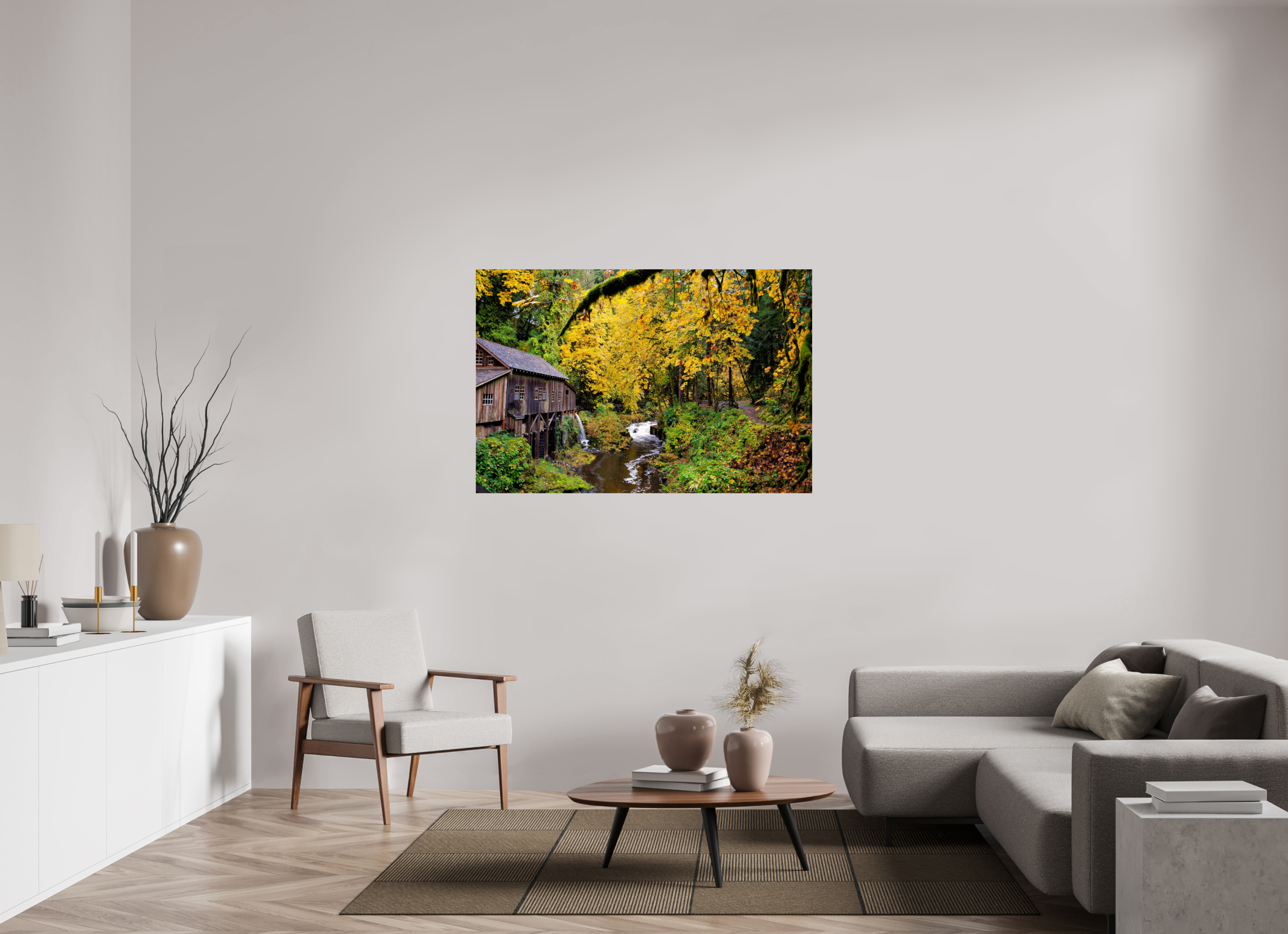 54 x 36″, ChromeLuxe HD Metal Print Rounded Conrners Historic Gristmill in Autumn Color